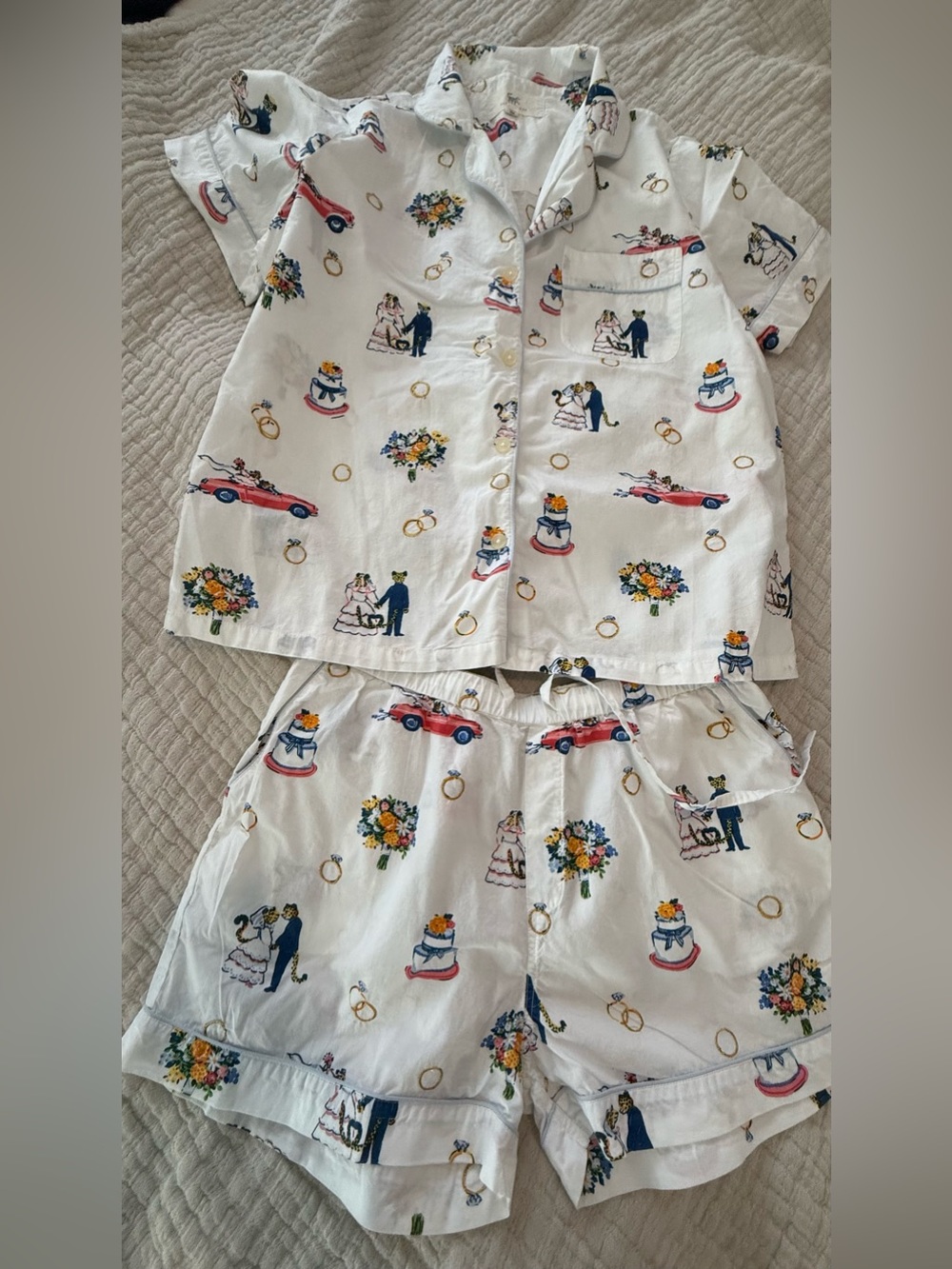 PrintFresh White Wedding-Themed Cat Pajama Set with Floral & Ring Print EUC 1055
